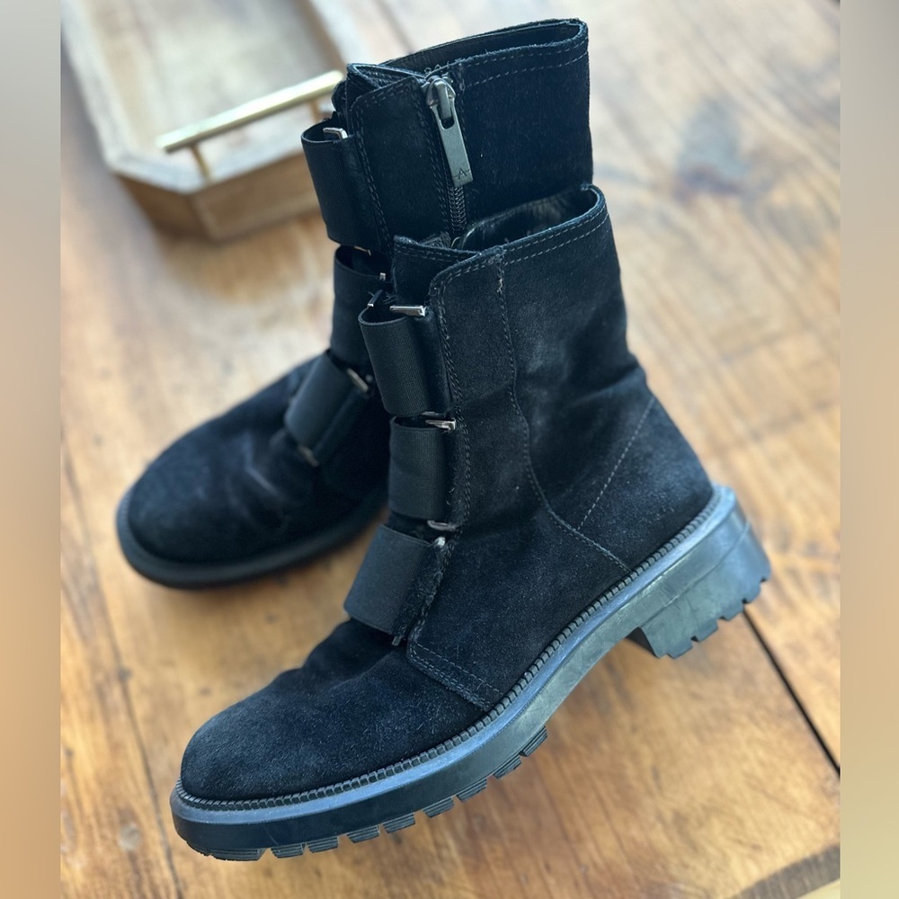 Aquatalia Liv Black Suede Combat Boots Size 6.5